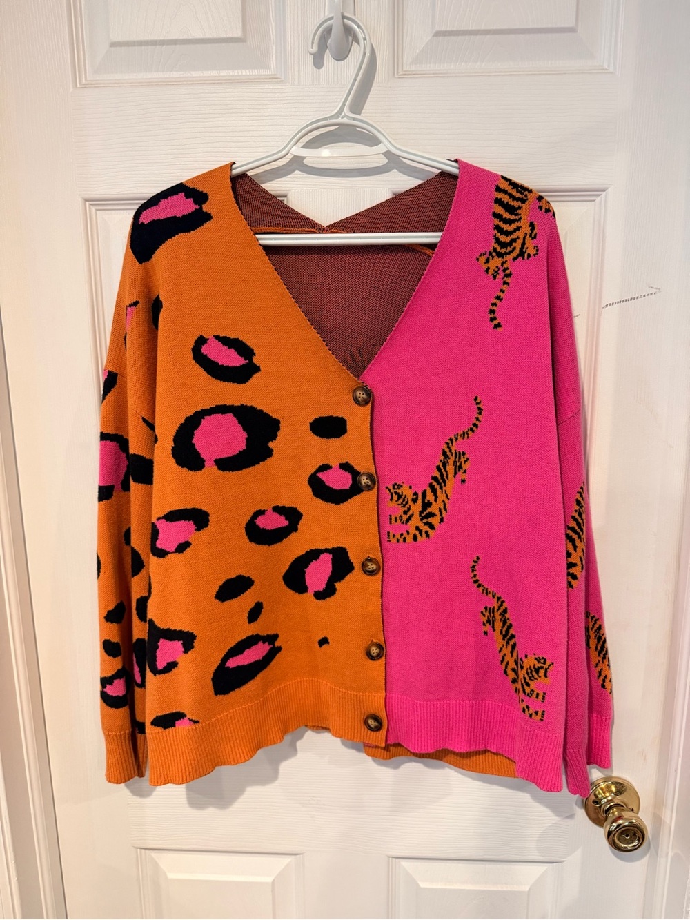 SHEIN Pink and Orange Animal-Print V-Neck Button Cardigan
